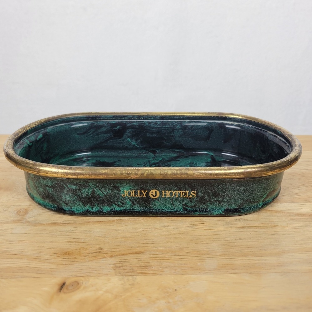 Jolly Hotels Vintage Green and Gold Metal Catch-All Tray Hollywood Regency Moody